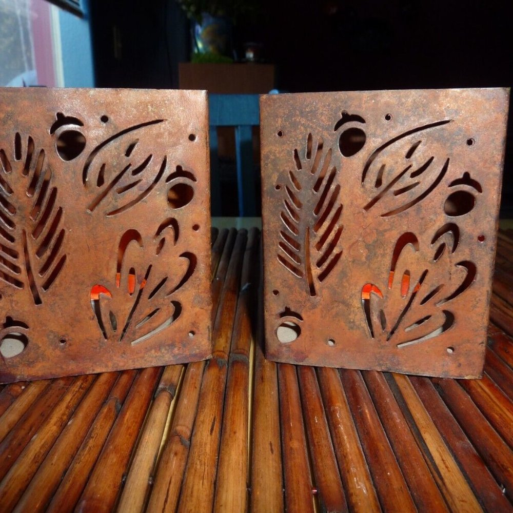 TWO ANTIQUE LOOKING METAL CUT OUT LEAVES VOTIVE OR TEALIGHT CANDLE HOLDER